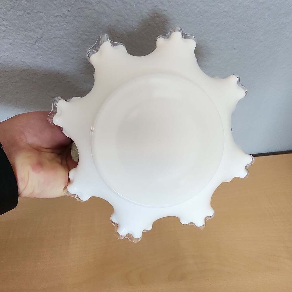 Vintage Fenton Milk Glass Ruffled Edge Basket with Clear Handle - Picture 4 of 4